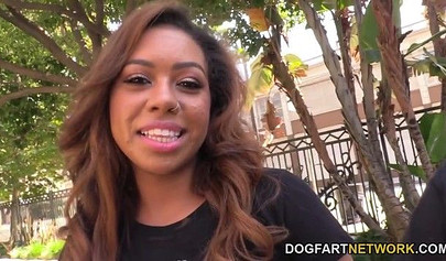 Ebony cutie Katt Garcia sucks a dick like a pro before getting fucked by it