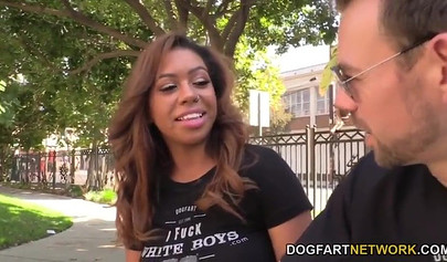 Ebony cutie Katt Garcia sucks a dick like a pro before getting fucked by it