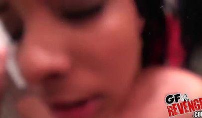 Cute black girlfriend sucks cock and then gets her face creamed with a hot facial