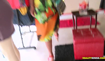 Black babe is tempted with money and ends up flashing her tits just to get paid