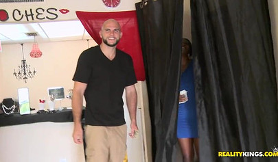 Black babe is tempted with money and ends up flashing her tits just to get paid