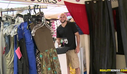 Black girl is surprised in changing room and decides to show her tits for money