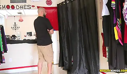 Black girl is surprised in changing room and decides to show her tits for money