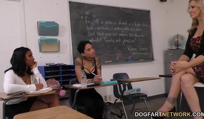 Teacher and two lesbian ebony students want to have some hot fun together in class