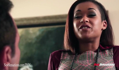 Black woman bends over and takes white boss dick inside of her tight wet cunt