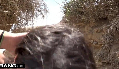 Slutty black lass strips in the public and gets her tight pussy pounded harshly