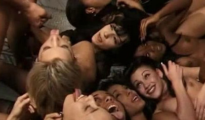 9 girls share a single cock with a ebony vixen with amazing cock sucking skill