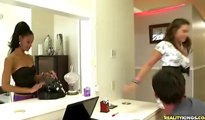 Ebony vixen gives white man a massage and then feels him up nicely down there