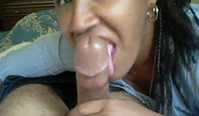 Black wife sucks on a black cock and gets the cum flowing outside of it as well