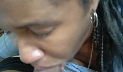 Black wife sucks on a black cock and gets the cum flowing outside of it as well