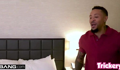 Thick ebony babe with a big fat butt bends over and takes a dick inside of her