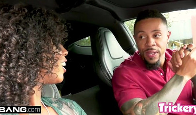 Thick ebony babe with a big fat butt bends over and takes a dick inside of her