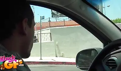 Black chick gets a ride home but she has to pay by sucking on the guy's hard cock