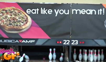 Ebony babe goes bowling and is seduced by a white dude to show and flash her tits