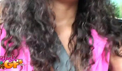 Ebony babe goes bowling and is seduced by a white dude to show and flash her tits