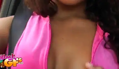 Ebony babe goes bowling and is seduced by a white dude to show and flash her tits