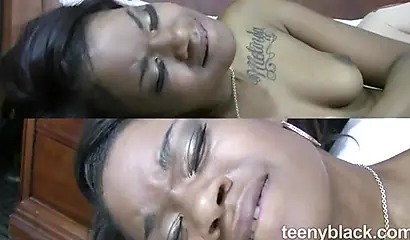 Young black girl takes a very hard pounding by a white man's cock from every side