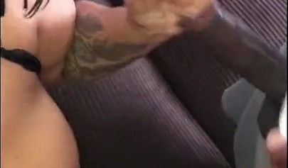 Slutty black whore in fishnet stockings loves sucking cock and getting a facial