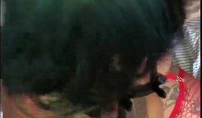 Slutty black whore in fishnet stockings loves sucking cock and getting a facial