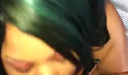 Slutty black whore in fishnet stockings loves sucking cock and getting a facial