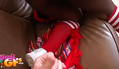 Luscious black chick slobbers on a hard white rod before taking it in her pussy