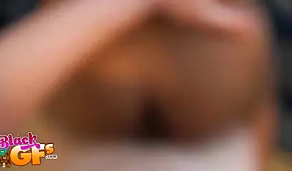 Sensual ebony babe gives a long wet blowjob before being pounded rough and hard