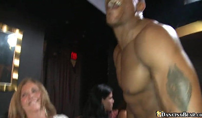 Black chicks show their tits and give handjobs and blowjobs at a stripper party