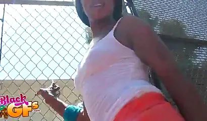 Petite ebony girlfriend has her tight pussy licked before gagging on a big dick