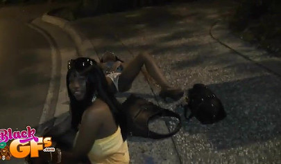 Two kinky black teens strip on a sidewalk after party and tease while in public