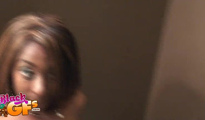 Ebony with perfect tits gets on her knees to suck