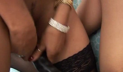 Two dark babes have some hot lesbian fun with dildo