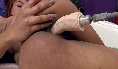 Mechanical white dick demolishes pussy of a horny black cutie with a fat butt