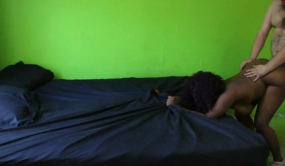 Thick but cute ebony girl with curly hair gets her ass fucked by a white dude