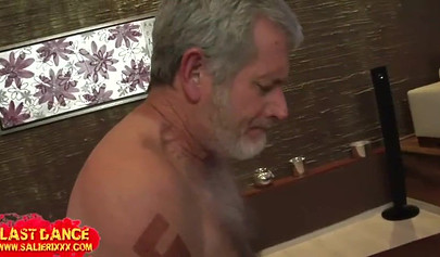 Ebony girl sucks and gets fucked by a white granddad and his big pale dick