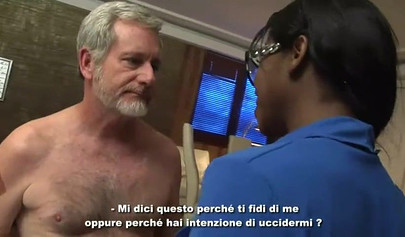 Ebony girl sucks and gets fucked by a white granddad and his big pale dick