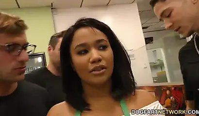 Black cutie gets gang banged by a bunch of old hung white dudes in backroom