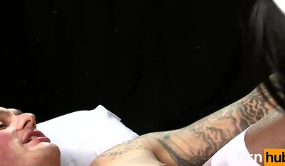 Two black nurses takes turns licking on white dudes cock and he loves it a lot