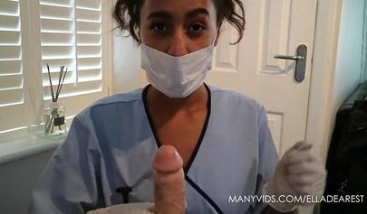 Ebony nurse feels up on your cock and teases with it while still wearing gloves
