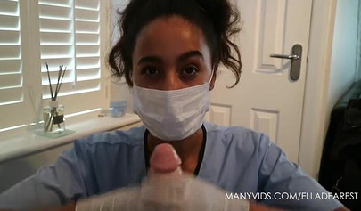 Ebony nurse feels up on your cock and teases with it while still wearing gloves
