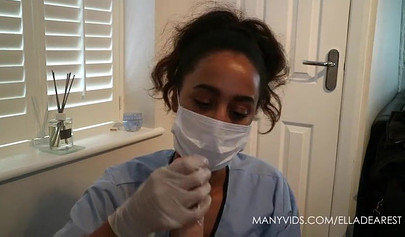 Ebony nurse feels up on your cock and teases with it while still wearing gloves