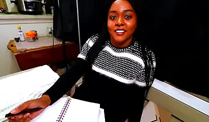 Cute and chubby ebony chick pleasures a big black cock with her mouth and sex toys