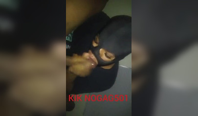 Naughty black amateur girl with a face mask loves giving a long and sloppy blowjob