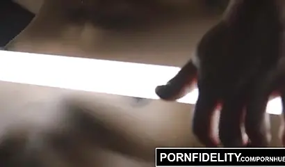 Gorgeous black babe Ana Foxxx fucked and sprayed with cum by a hard white cock