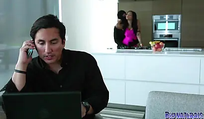 Ebony sweetie with cute titties fucked by a robber in her office and loves it