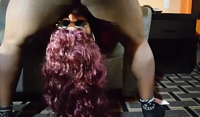 Fat black chick with curly purple hair gets fucked in her tight little throat