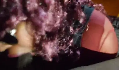 Fat black chick with curly purple hair gets fucked in her tight little throat
