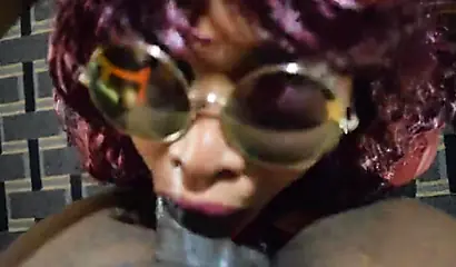 Fat black chick with curly purple hair gets fucked in her tight little throat