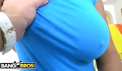 Naughty ebony babe teases with her big tits outside before being pounded rough