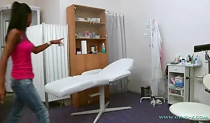 Skinny young ebony Isabella Chrystin stripped and teased during a doctor exam