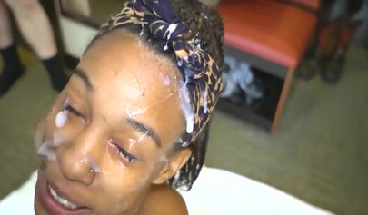 Skinny black chick fucked long and hard by two hard cocks and sprayed with cum